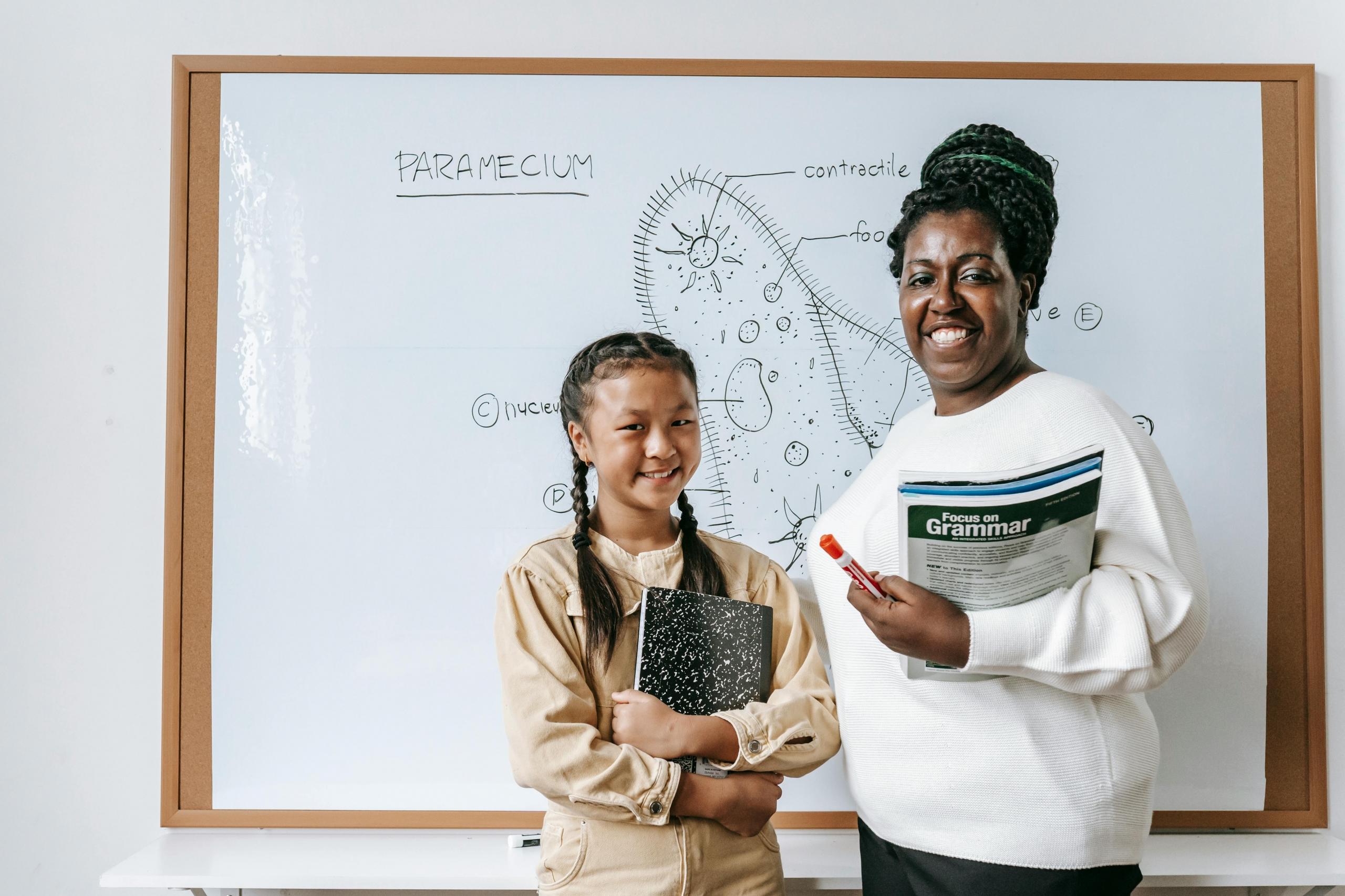 A biology tutor standing in front of a dry eraser board with their student.
