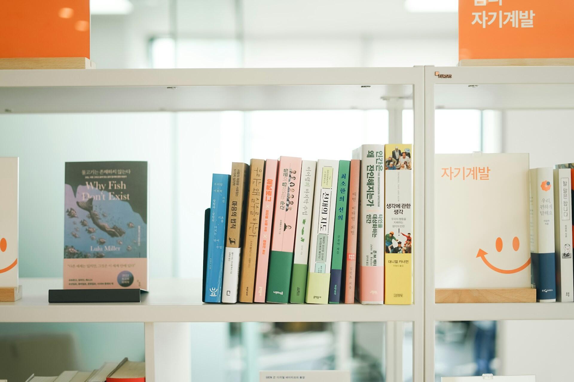 Books neatly arranged on a white shelf in a bright room, including a titled 