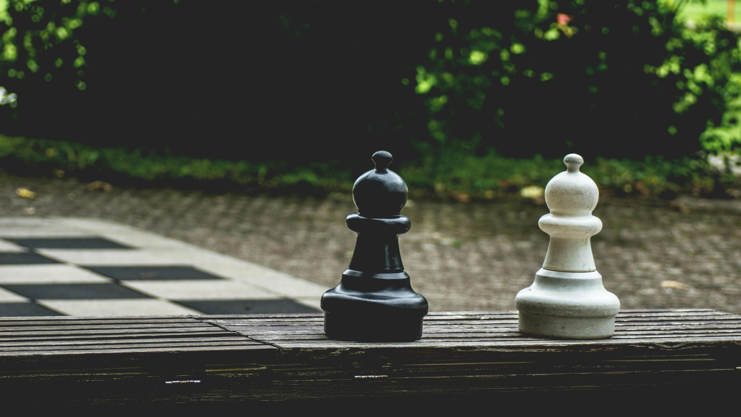 two giant chess pieces are in an outdoor chess board park.