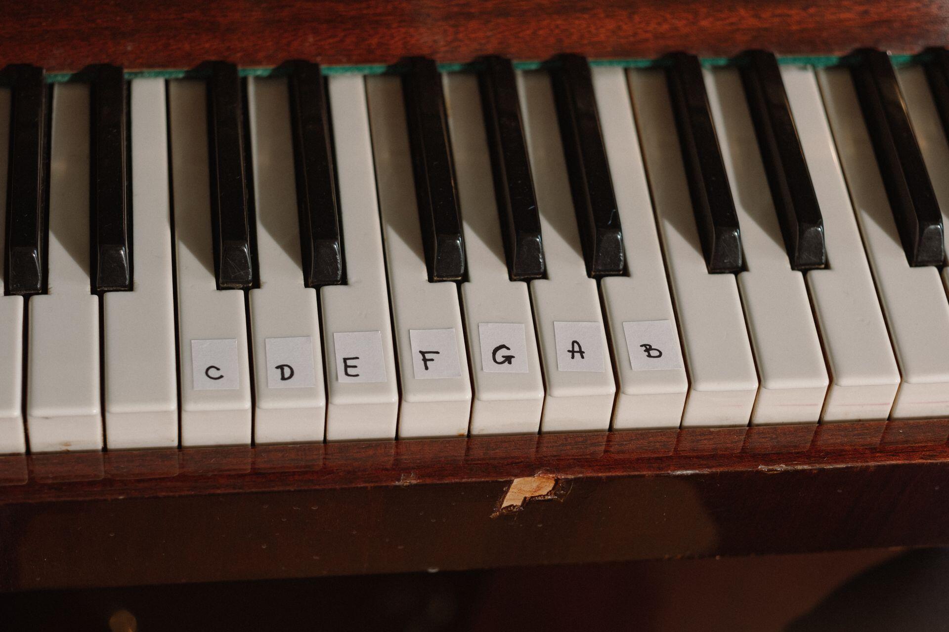 Close-up of piano keys, with handwritten labels C, D, E, F, G, A, and B on seven white keys.