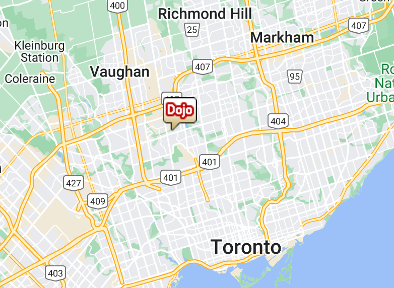 Map showing the location of Budokai Judo Club near Vaughan, north of Toronto. The area includes major roads such as Highway 401 and Highway 404, highlighting easy accessibility from various parts of the city and surrounding regions.