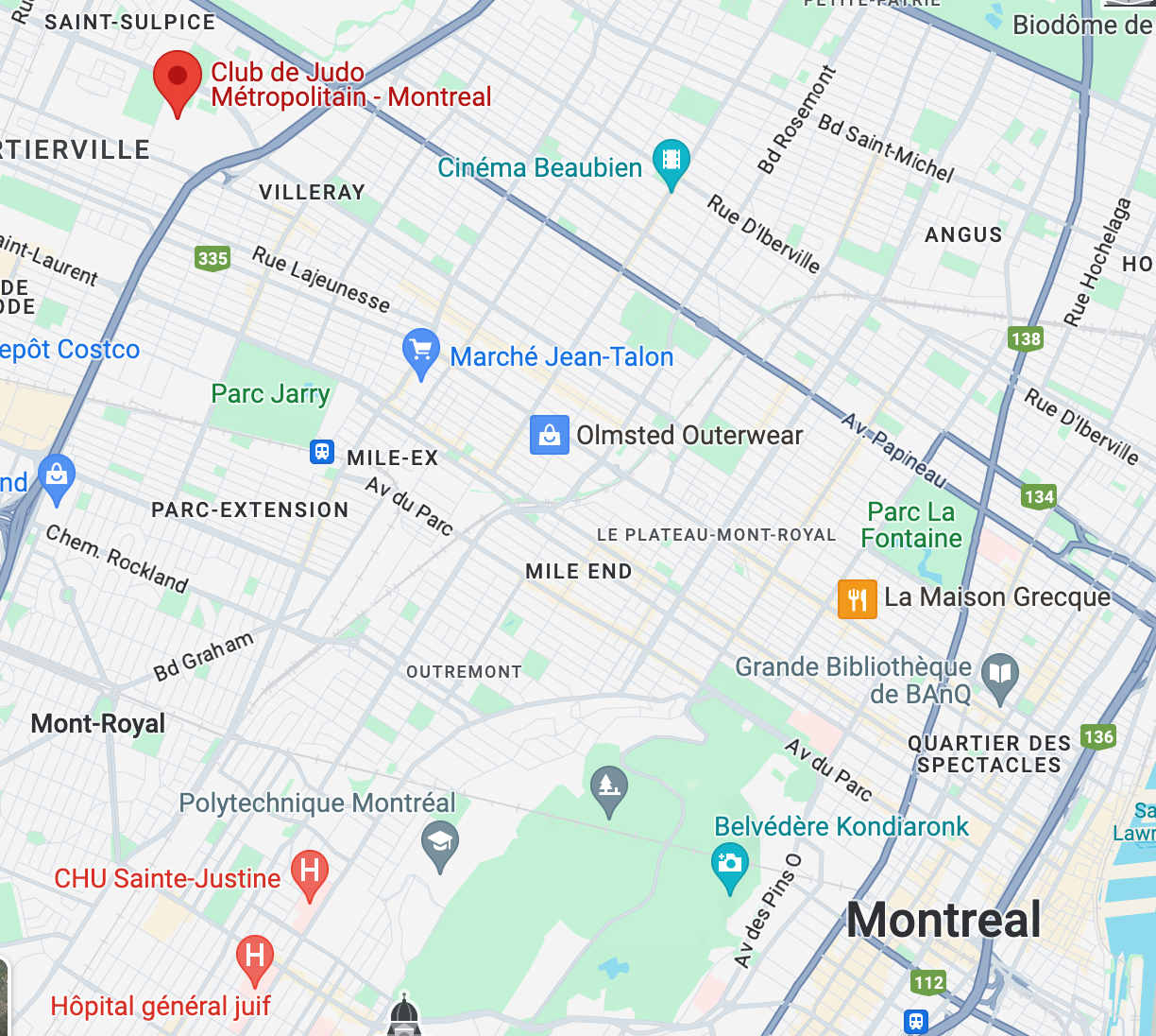 A map pinpointing the location of Club de Judo Métropolitain in Montreal. The club is located in the Villeray–Saint-Michel–Parc-Extension area, north of Parc Jarry, with a red pin marking its spot.