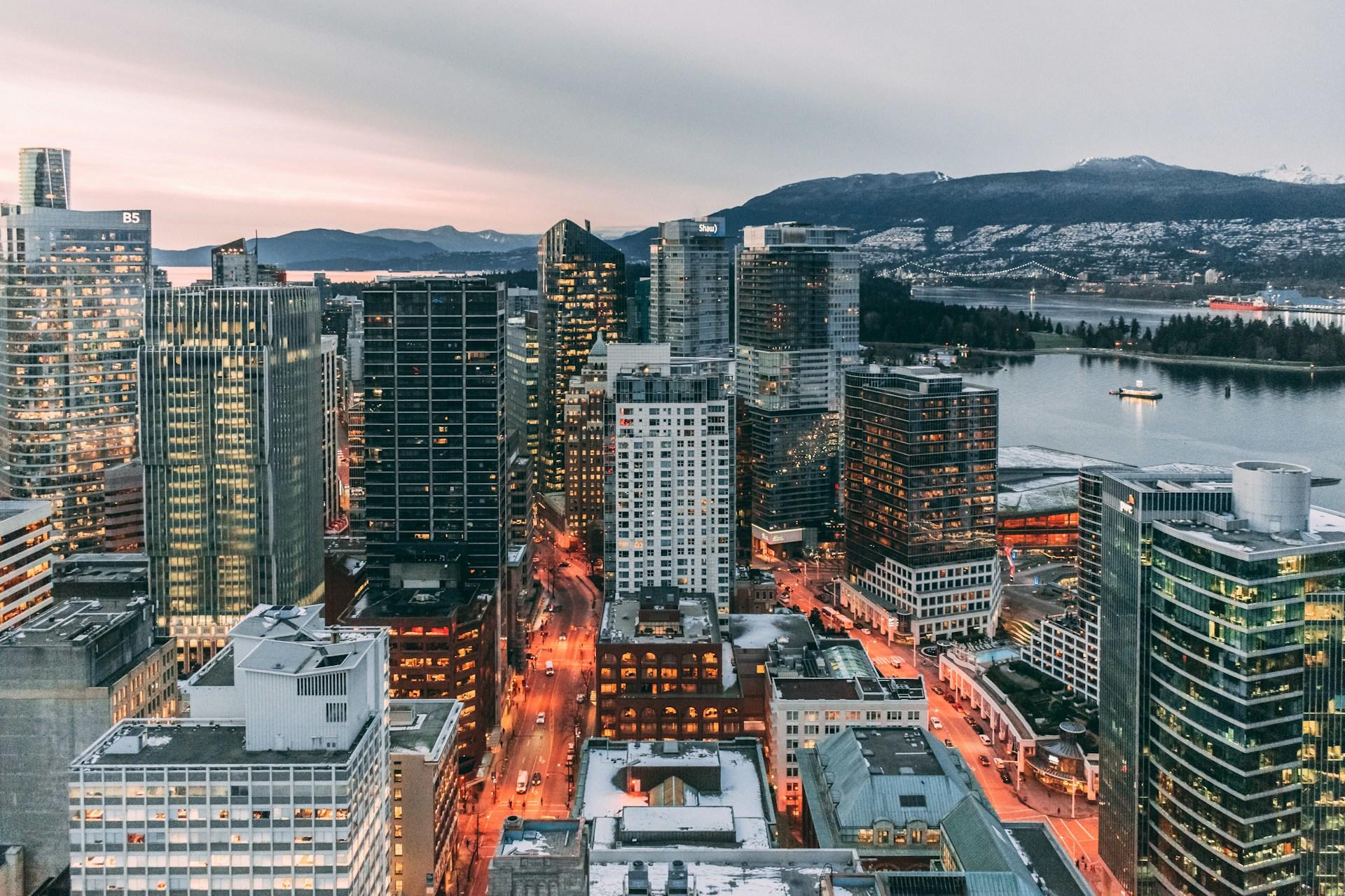 Vancouver skyline where the city is lively, full of future graphic design students.