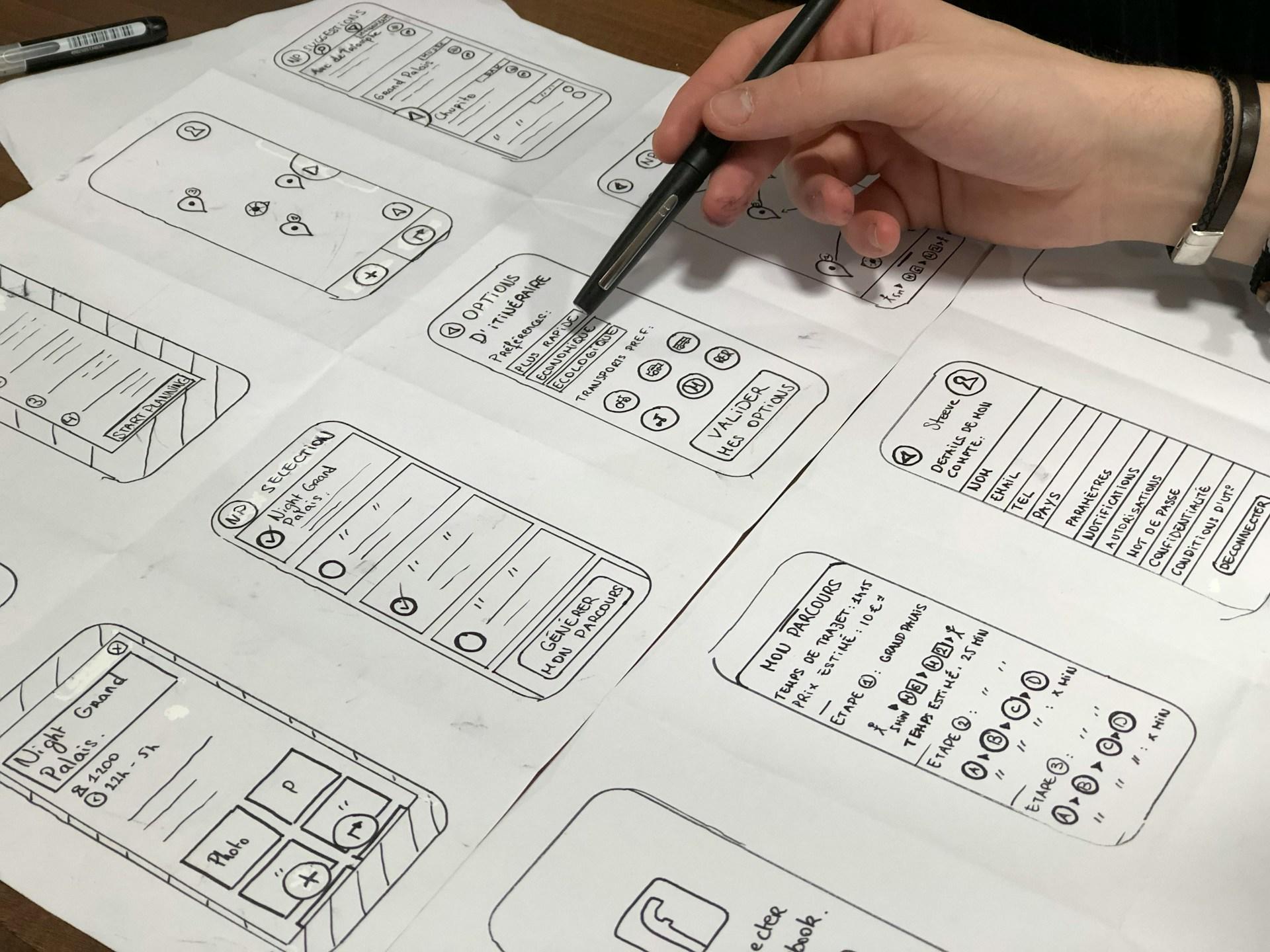 A Graphic Designer verifying and mapping out the designs for a mobile app.