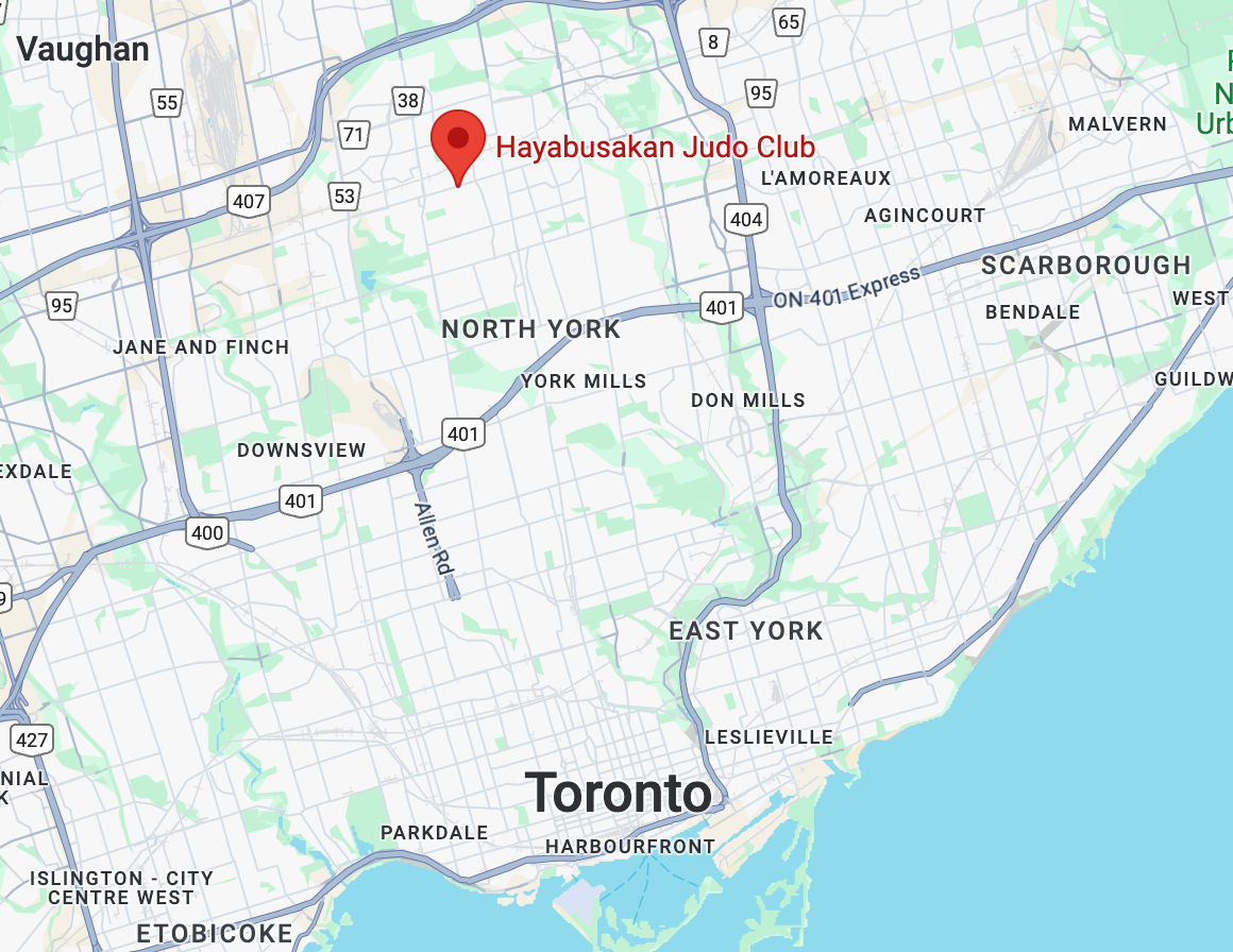 Map depicting the location of Hayabusakan Judo Club in North York, Toronto, Ontario, showing its proximity to major routes like Highway 401 and Allen Road.