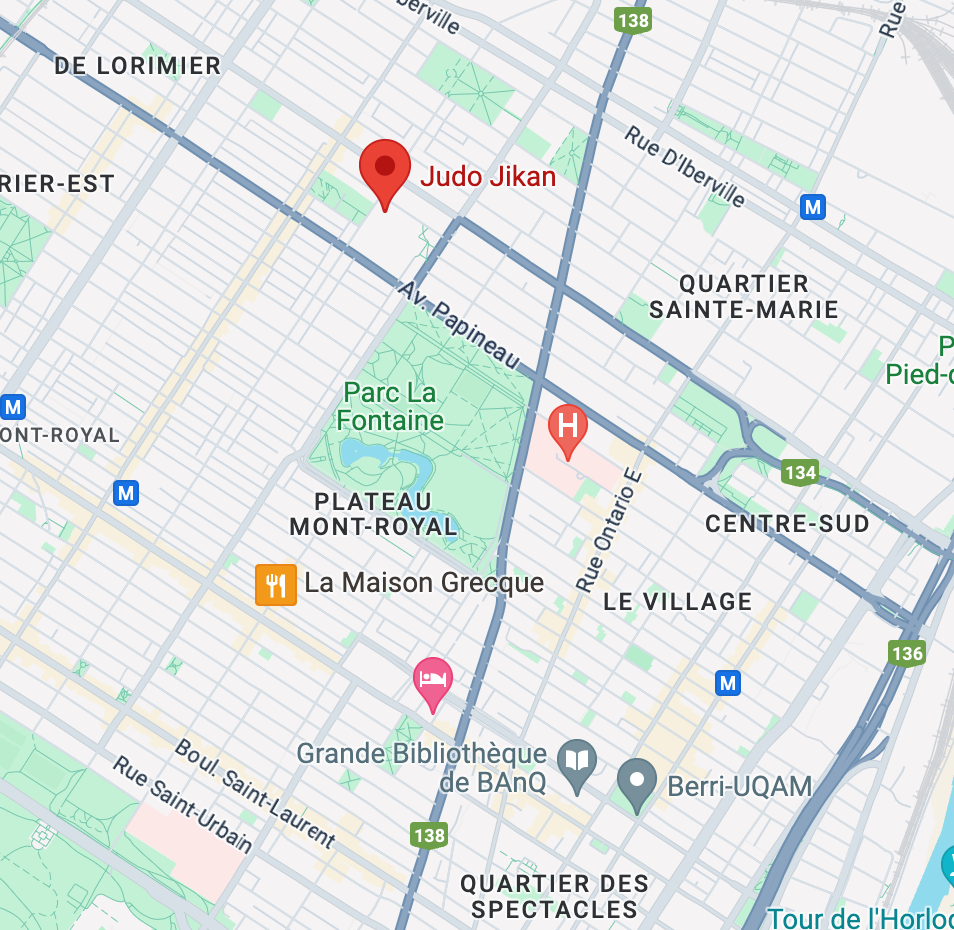 A map showing the location of Judo Jikan in Montreal. The club is marked with a red pin in the Le Plateau-Mont-Royal area, near Parc La Fontaine and the Grande Bibliothèque de BAnQ.