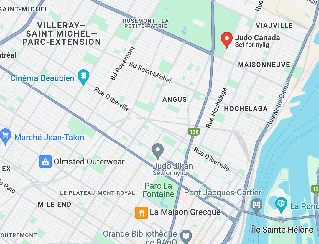A map highlighting the location of Judo National Training Center Canada in Montreal. The center is marked with a red pin in the Hochelaga area, northeast of downtown Montreal, near Parc La Fontaine.