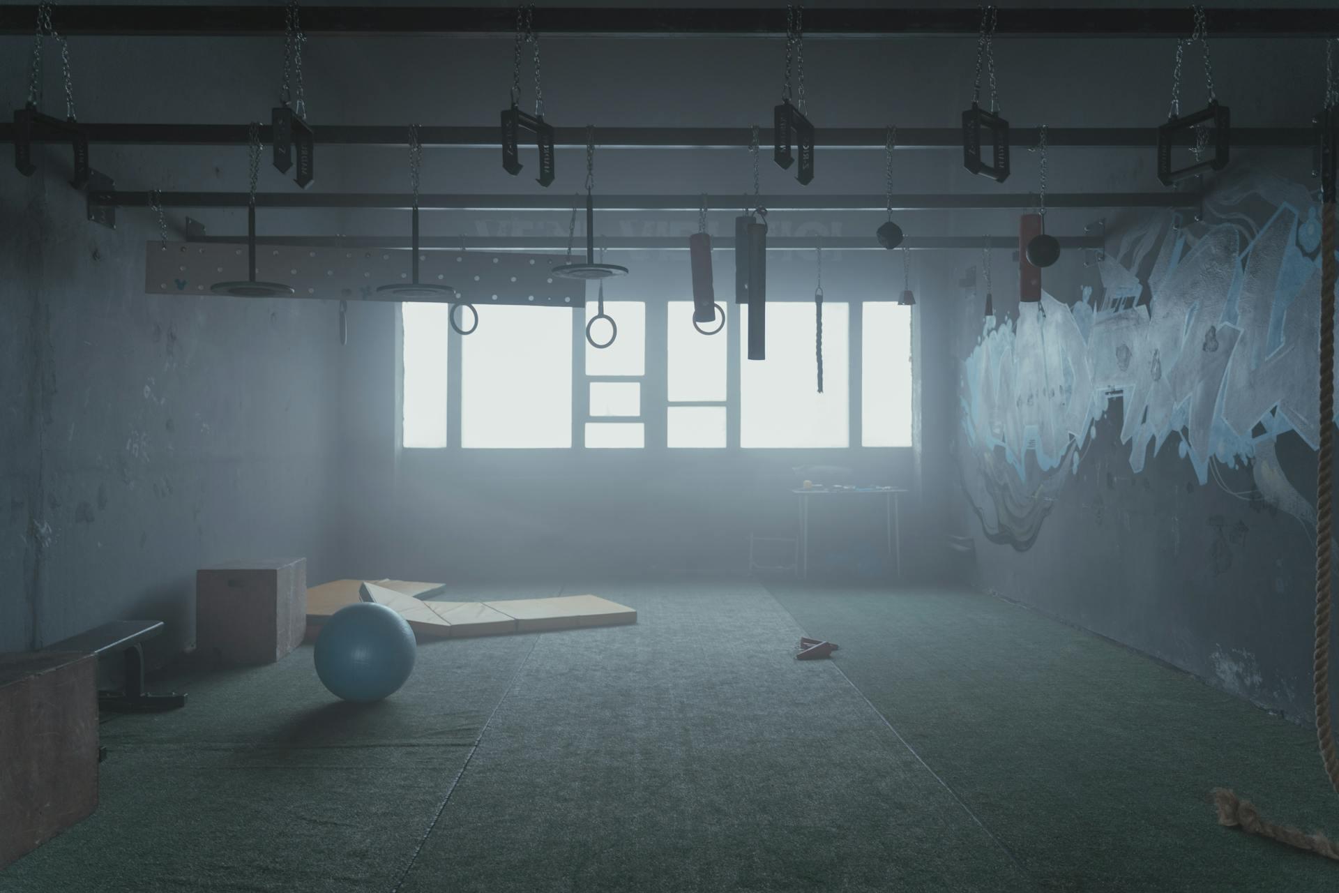 A spacious, dimly lit gym with exercise equipment, rings, a yoga ball, and colorful graffiti on the walls. Soft mist enhances the atmosphere.