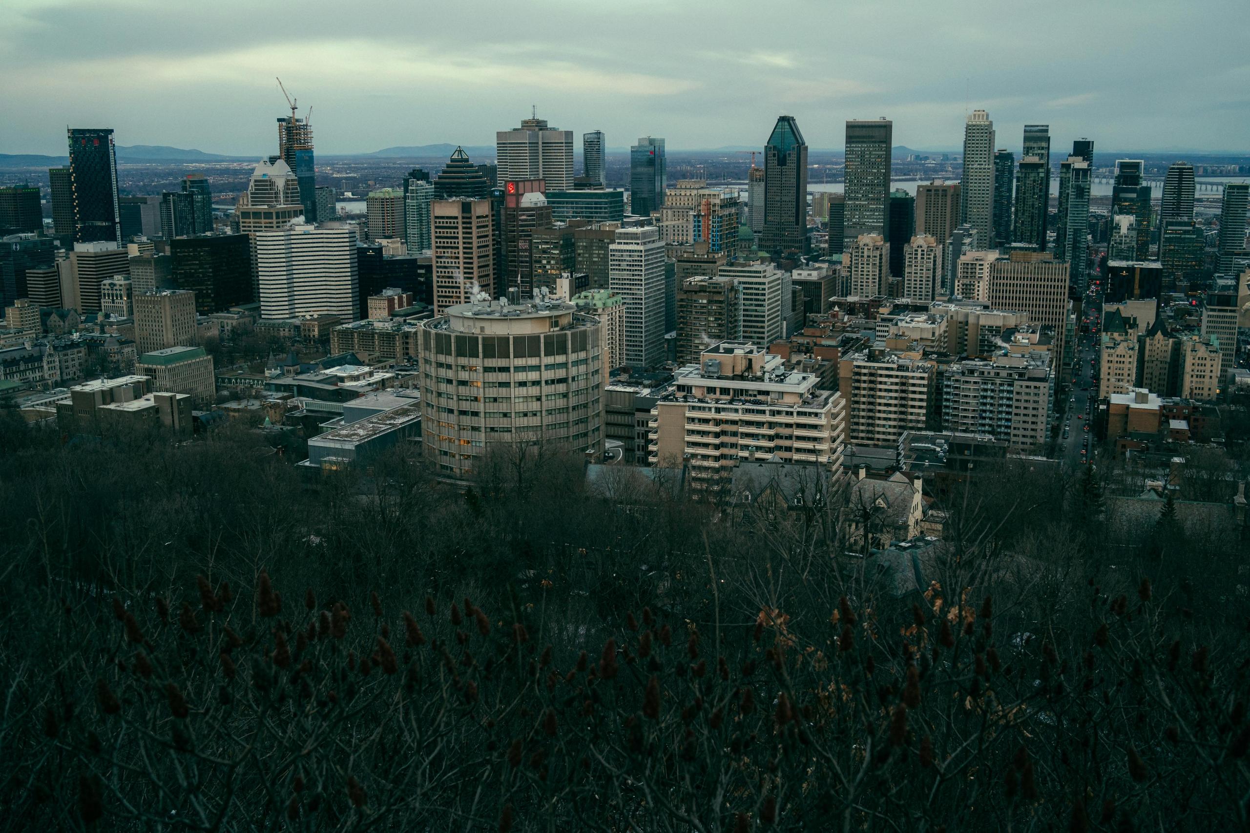 a photo of the skyline of Montreal under overcast skies.