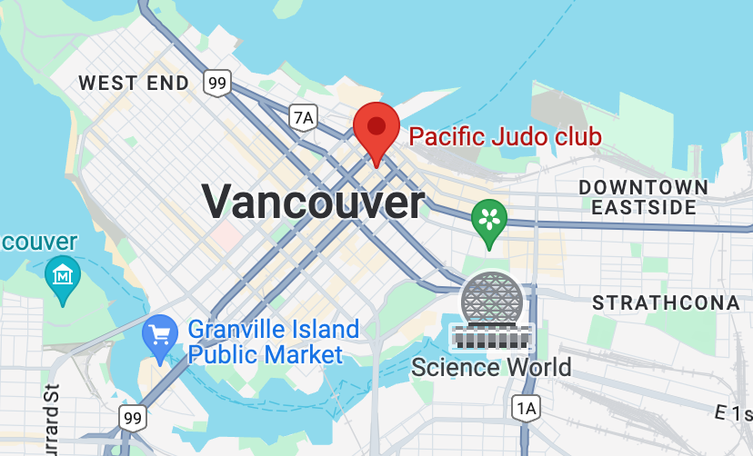 Map showing the location of Pacific Judo Club in downtown Vancouver, near Granville Island Public Market and Science World.