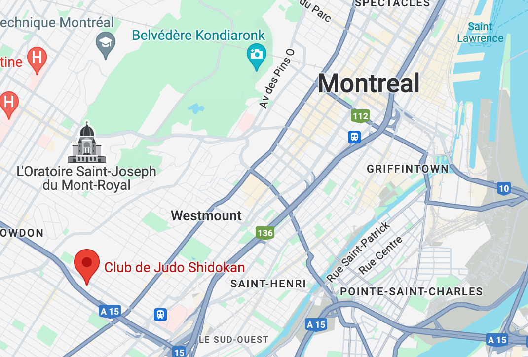 A map showing the location of Shidokan Judo Club in Montreal. The club is marked with a red pin near L'Oratoire Saint-Joseph du Mont-Royal, west of downtown Montreal, in the Verdun area.