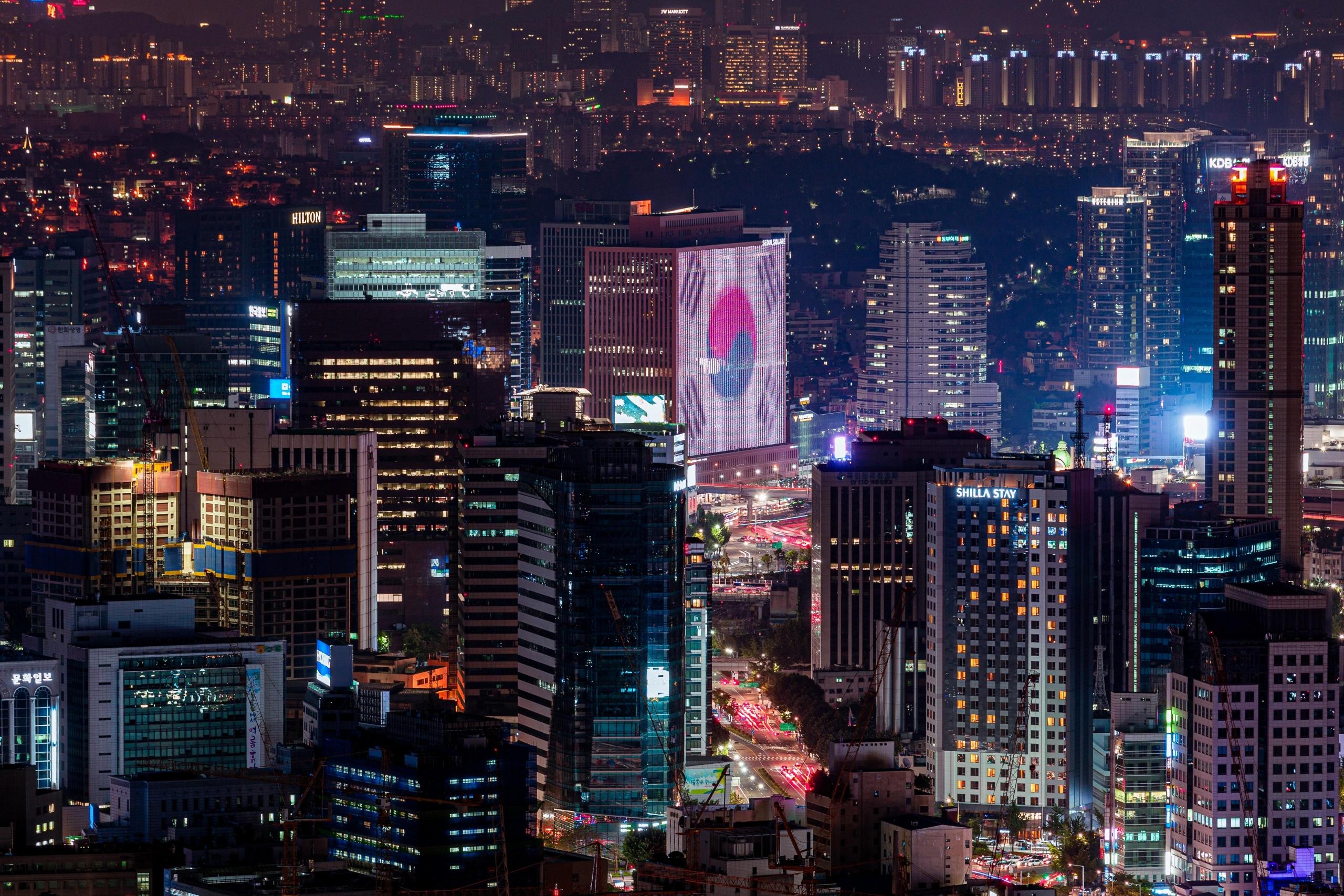 a view from a city at night with