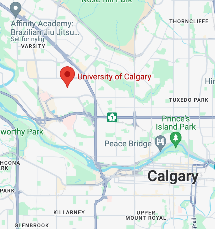 Map indicating the location of the University of Calgary Judo Club in Calgary, with nearby landmarks including Prince's Island Park.