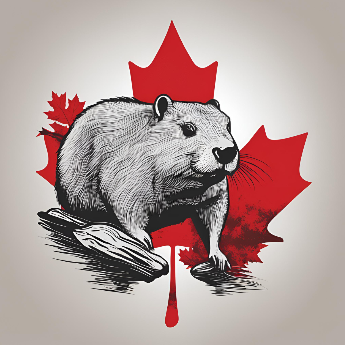 An illustration of a beaver sitting on a log, set against a bold red maple leaf background, symbolizing the connection between the beaver and Canadian national identity.