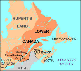 A map showing the location of Lower Canada before the Confederation