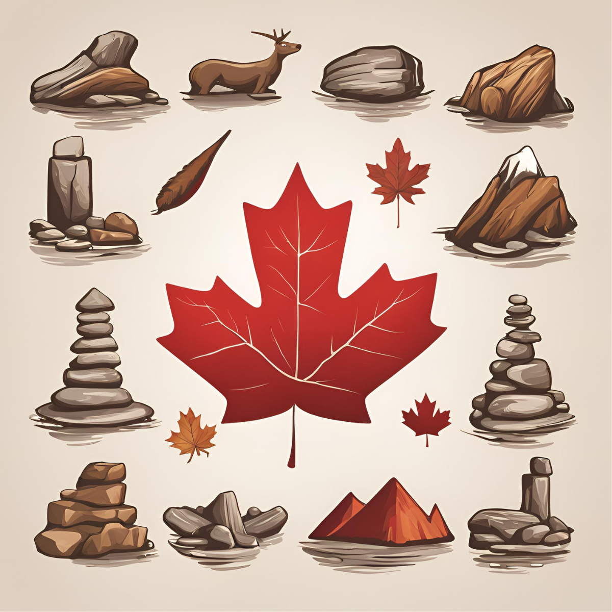 A collection of iconic Canadian symbols illustrated, featuring a large red maple leaf at the center, surrounded by various stone Inukshuks, a caribou, and other natural elements, representing Canada's diverse cultural and natural heritage.