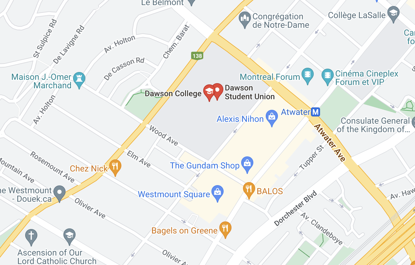 a map of the location of dawson college.