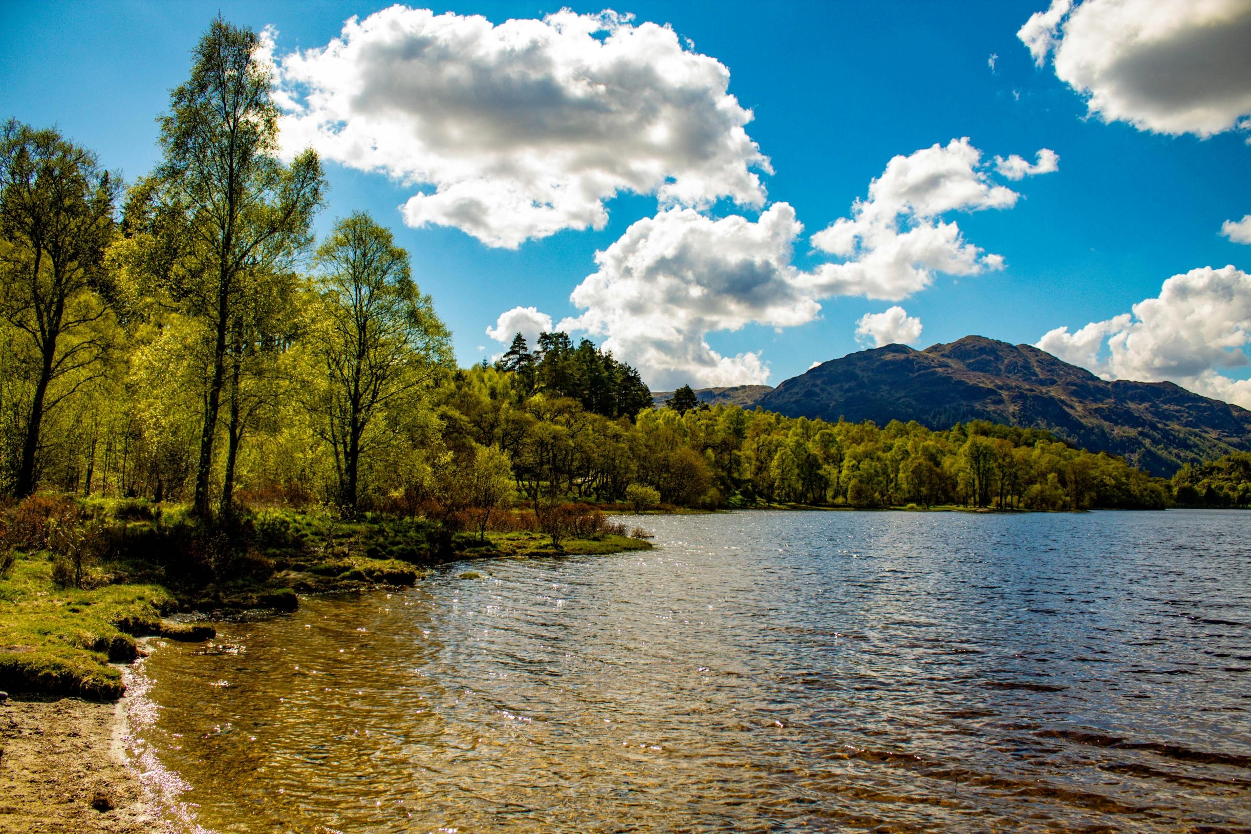 A picture of a lake in fall. The trees around the lake are changing colour and a blue sky with clouds is overhead.