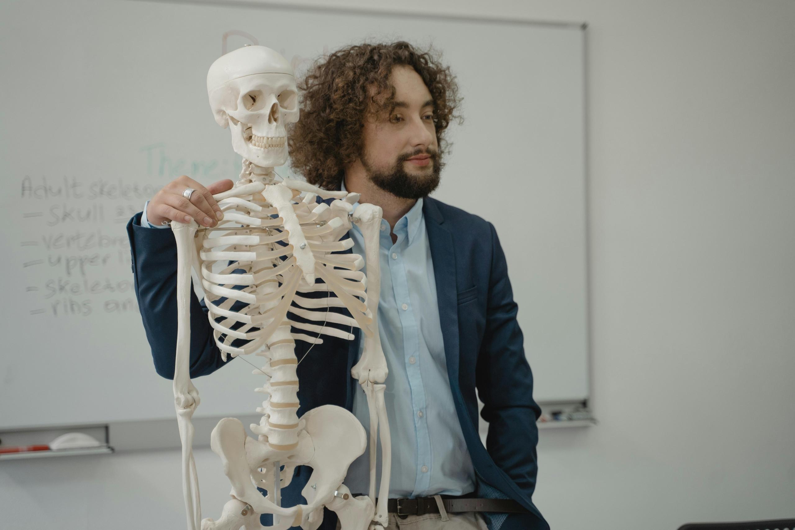 A biology teacher stands in front of a white board with notes about the adult skeleton. He stands beside the model of a skeleton.