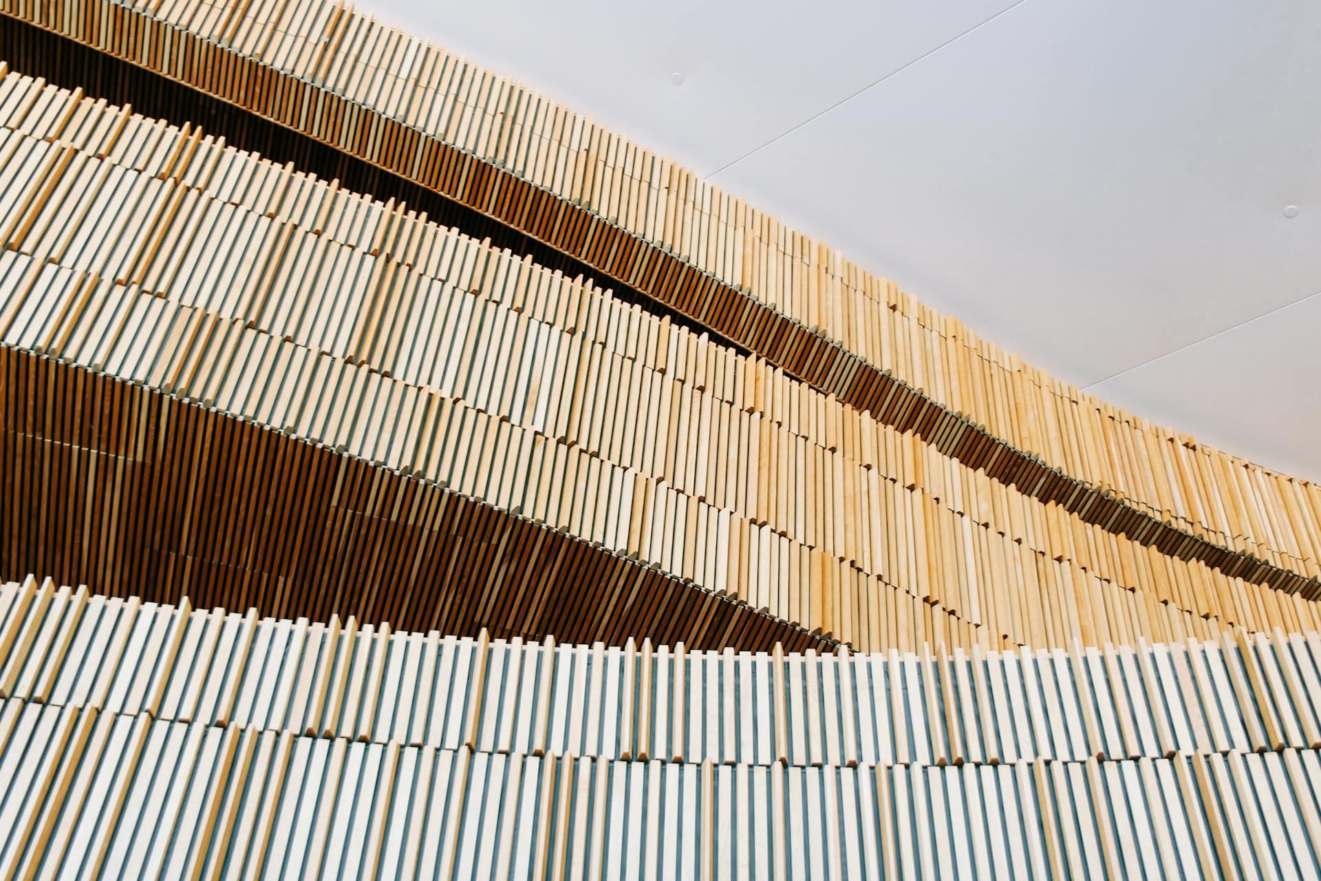 Rows of wooden panels of lumber construction.