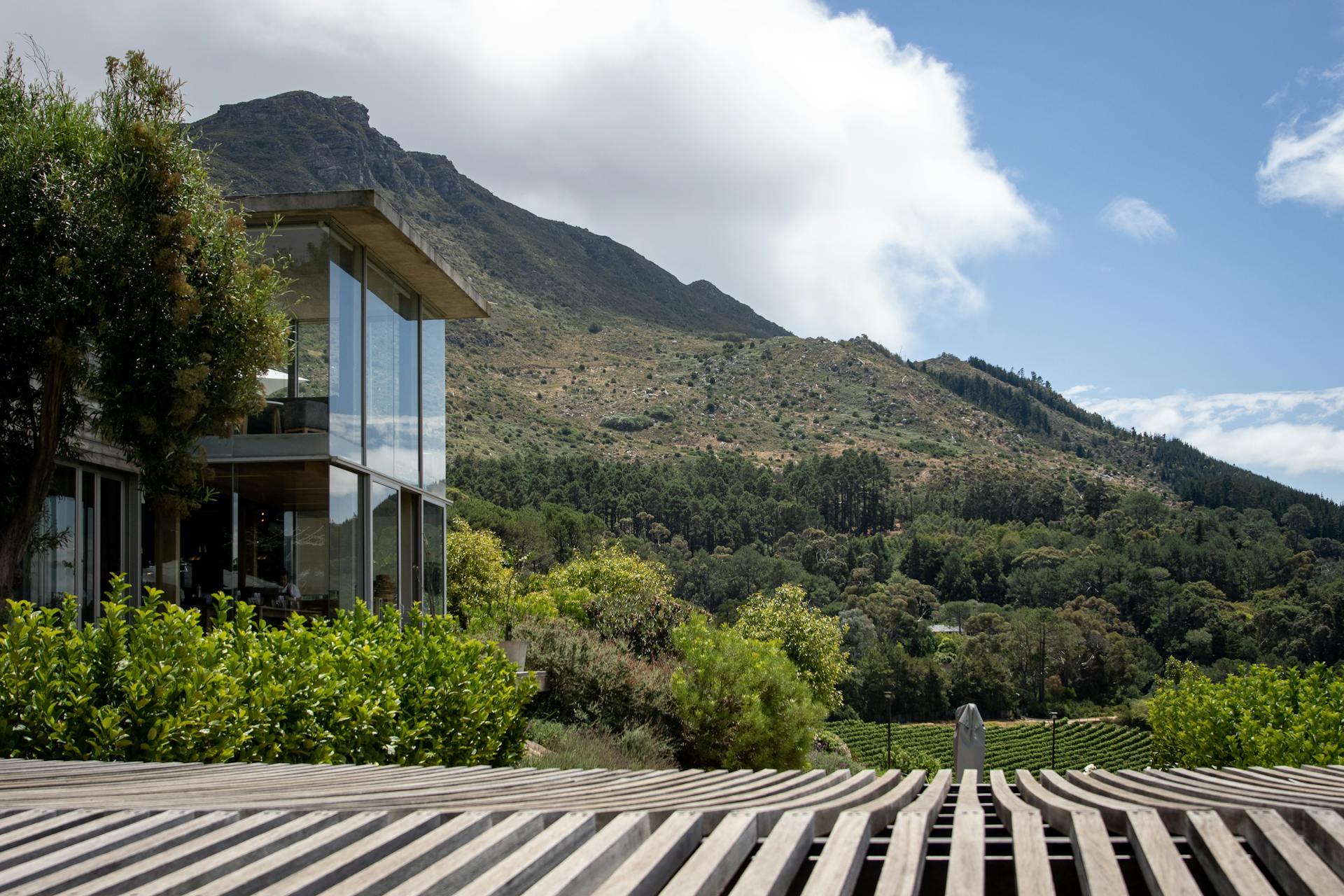 Green Trees Near the Mountain and a Passive House Standing.