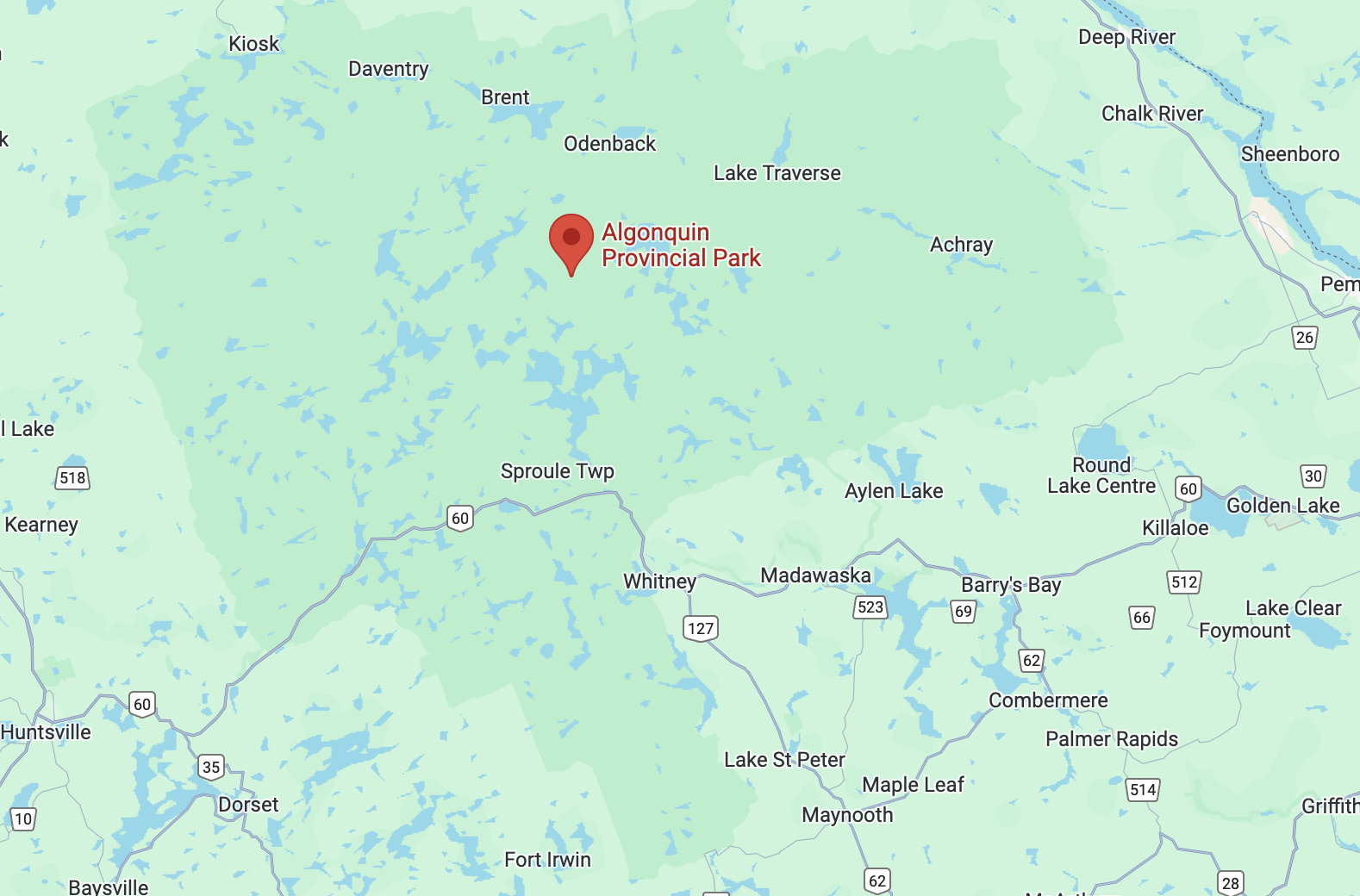A map showing the location of Algonquin Provincial Park in Ontario, Canada. The map highlights nearby towns such as Whitney, Huntsville, and Dorset, along with various lakes and highways, making it easy to see the park’s placement within a remote, forested region.