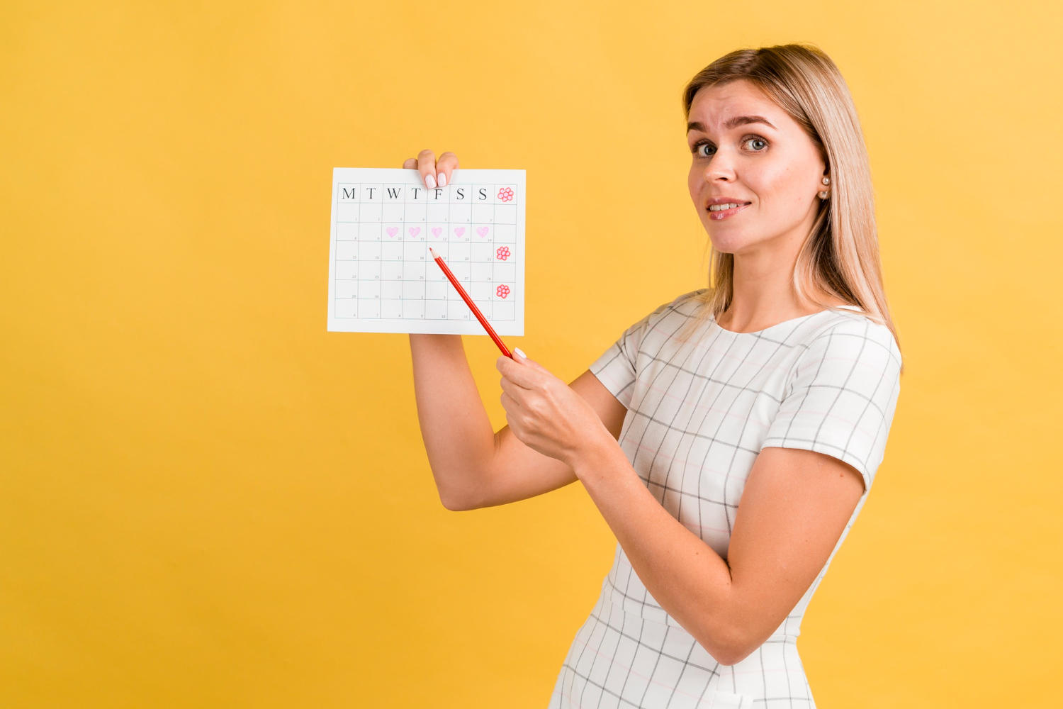 a woman holding a calendar timeline.