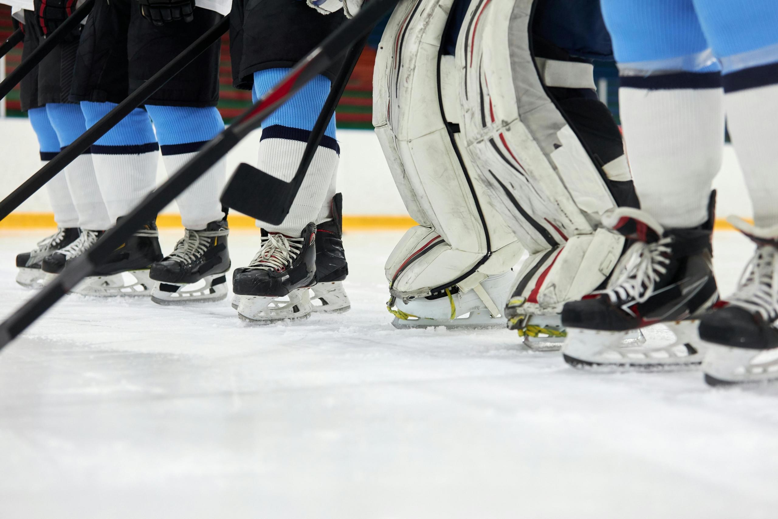 a photo of a team of hockey players. Only their skates and legs are visible.