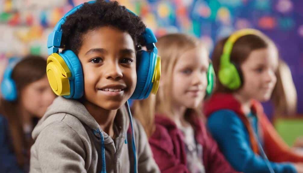 A group of children wearing colorful headphones, engaged in an activity, with a vibrant, abstract background filled with colors.