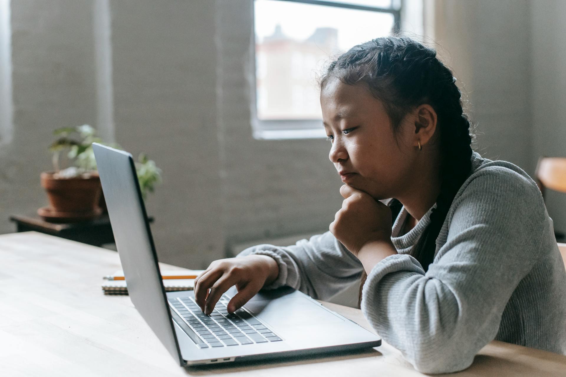 Person with braided hair working on a laptop at a wooden table in a bright room with a potted plant in the background.