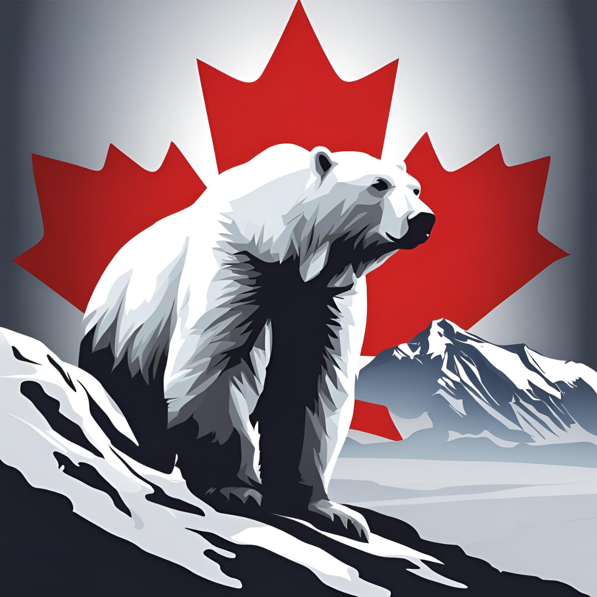 Stylized illustration of a polar bear standing with a red Canadian maple leaf in the background, representing the polar bear as a symbol of Canada’s Arctic wilderness.
