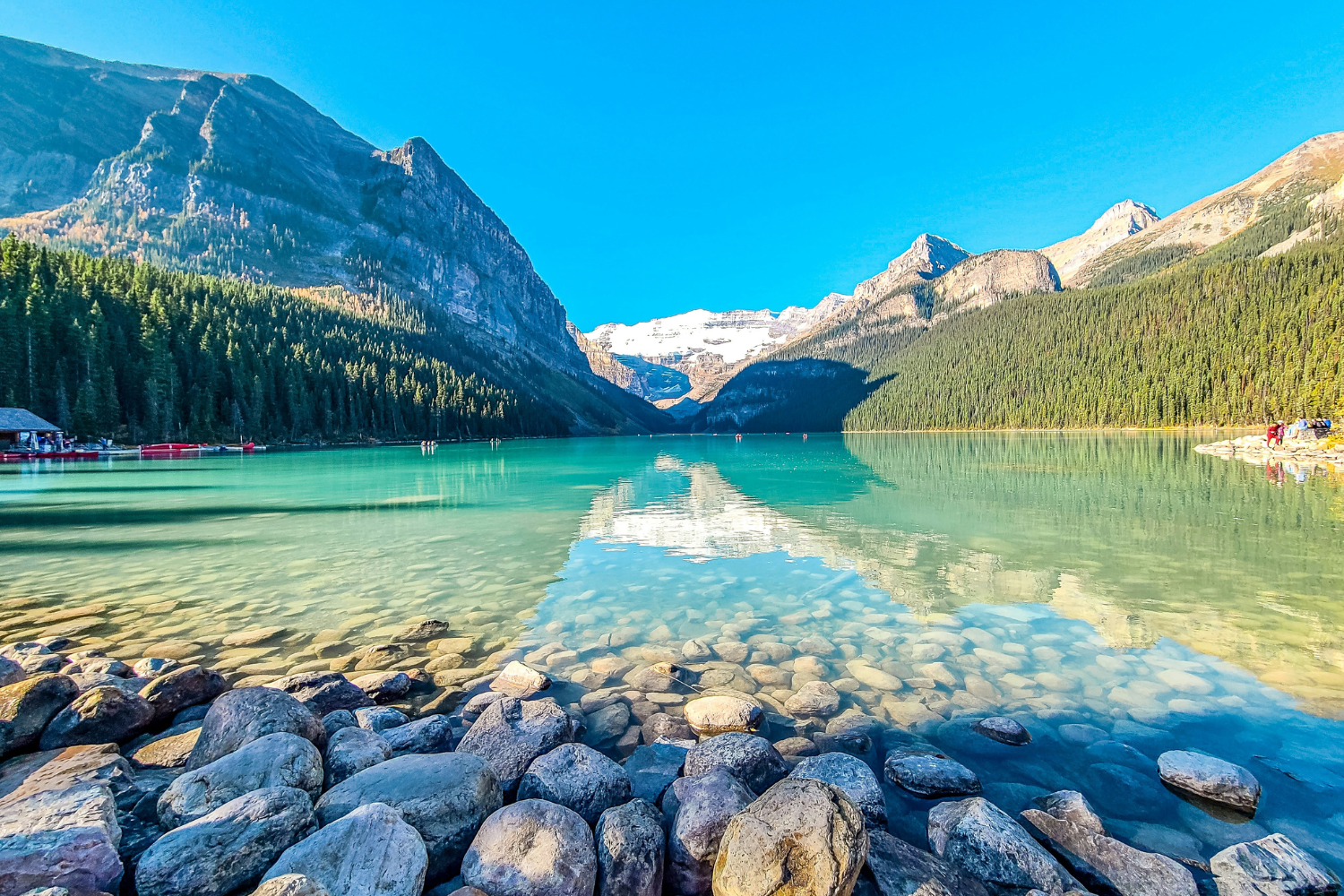 The iconic turquoise waters of Lake Louise surrounded by rugged peaks and lush forests in Banff National Park.
