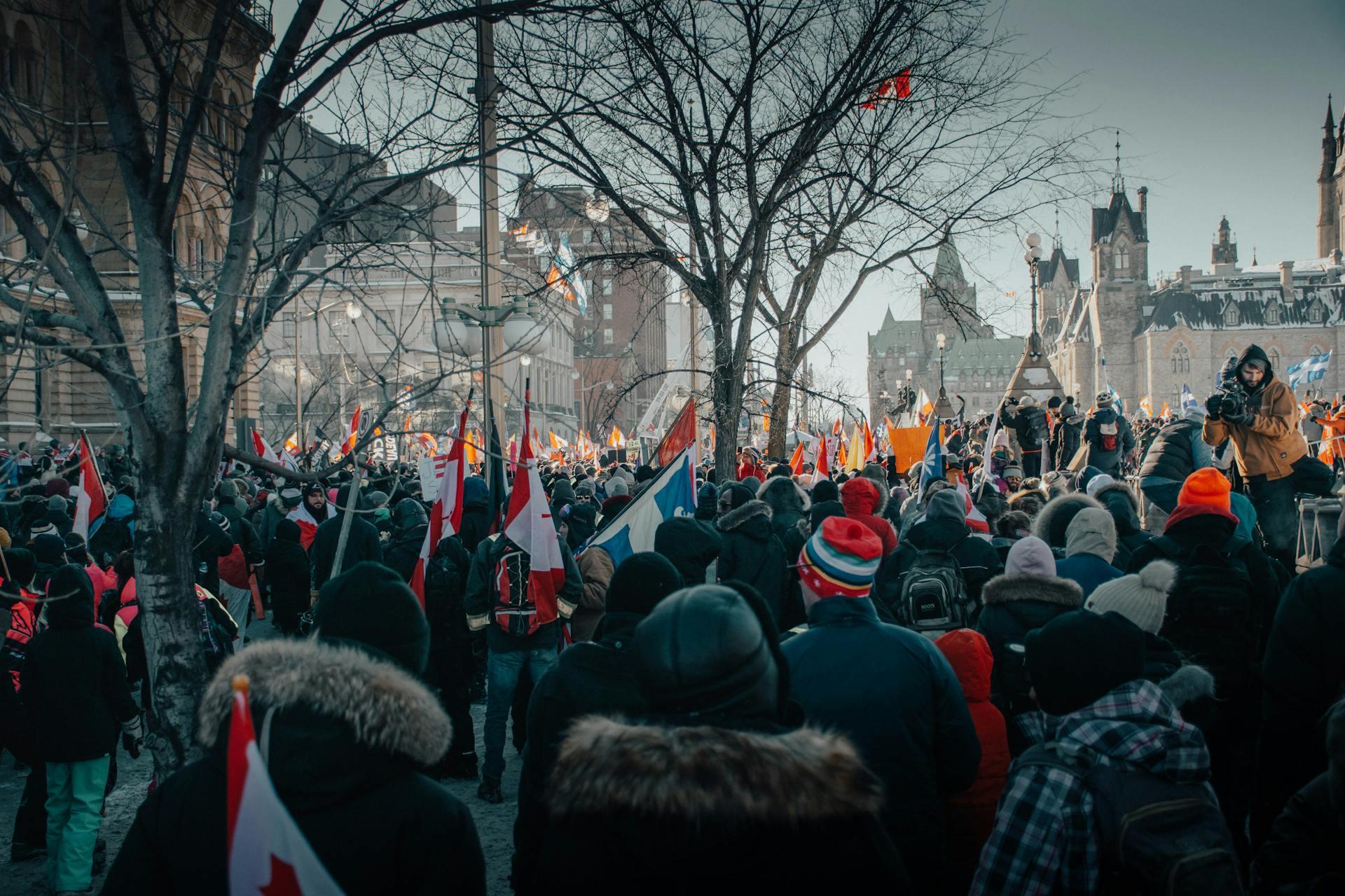 The photograph shows crowds in downtown Ottawa holding Canadian flags.