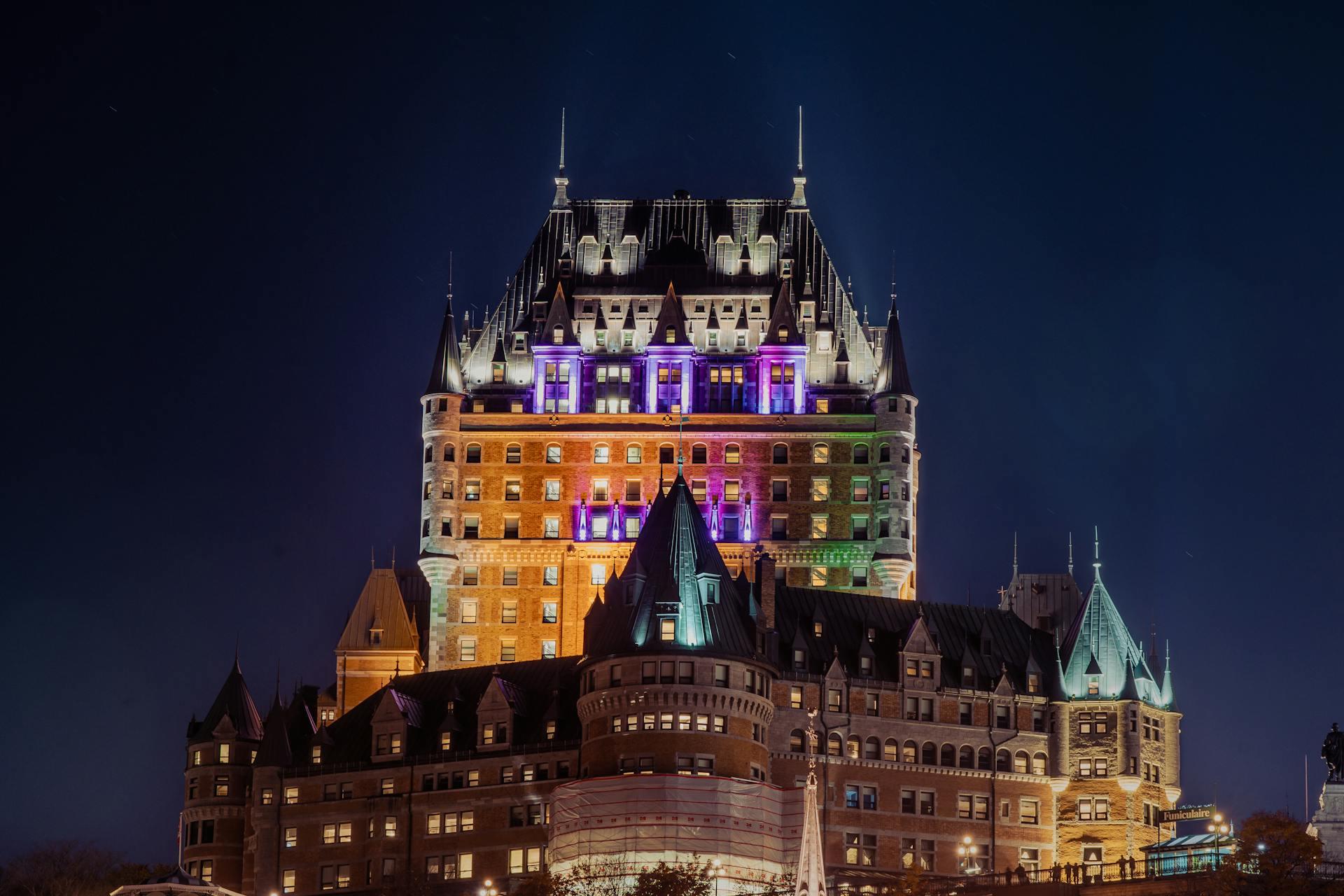 Chateau Frontenac lit up in on a clear Winter's day.