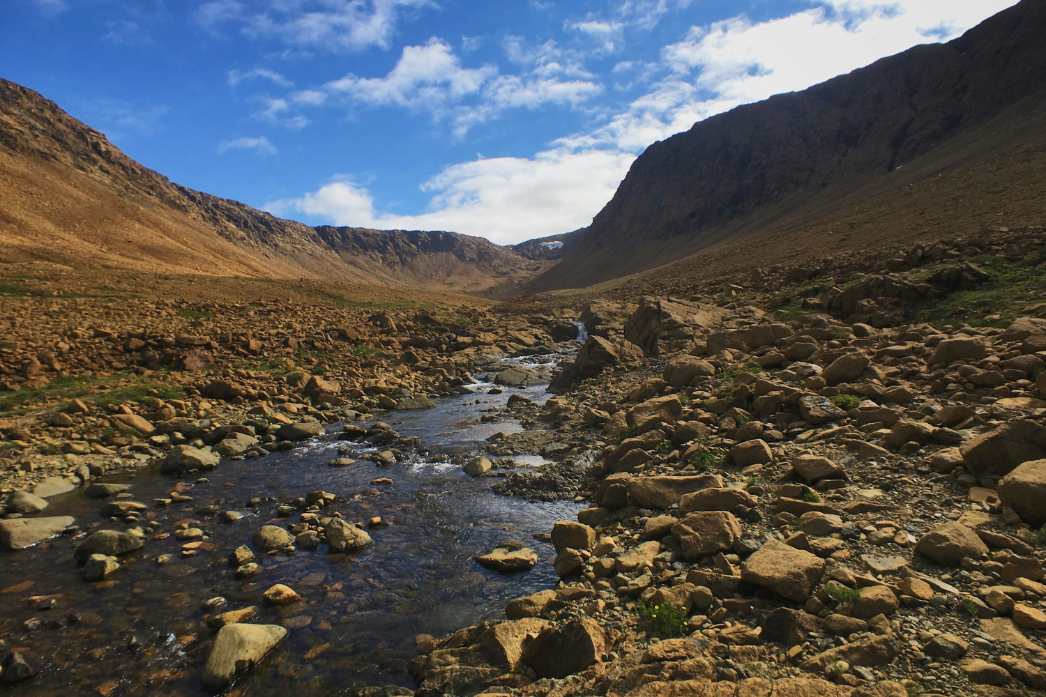 Rocky, barren landscape of the Tablelands in Gros Morne National Park, featuring a stream flowing through a valley under a partly cloudy sky.