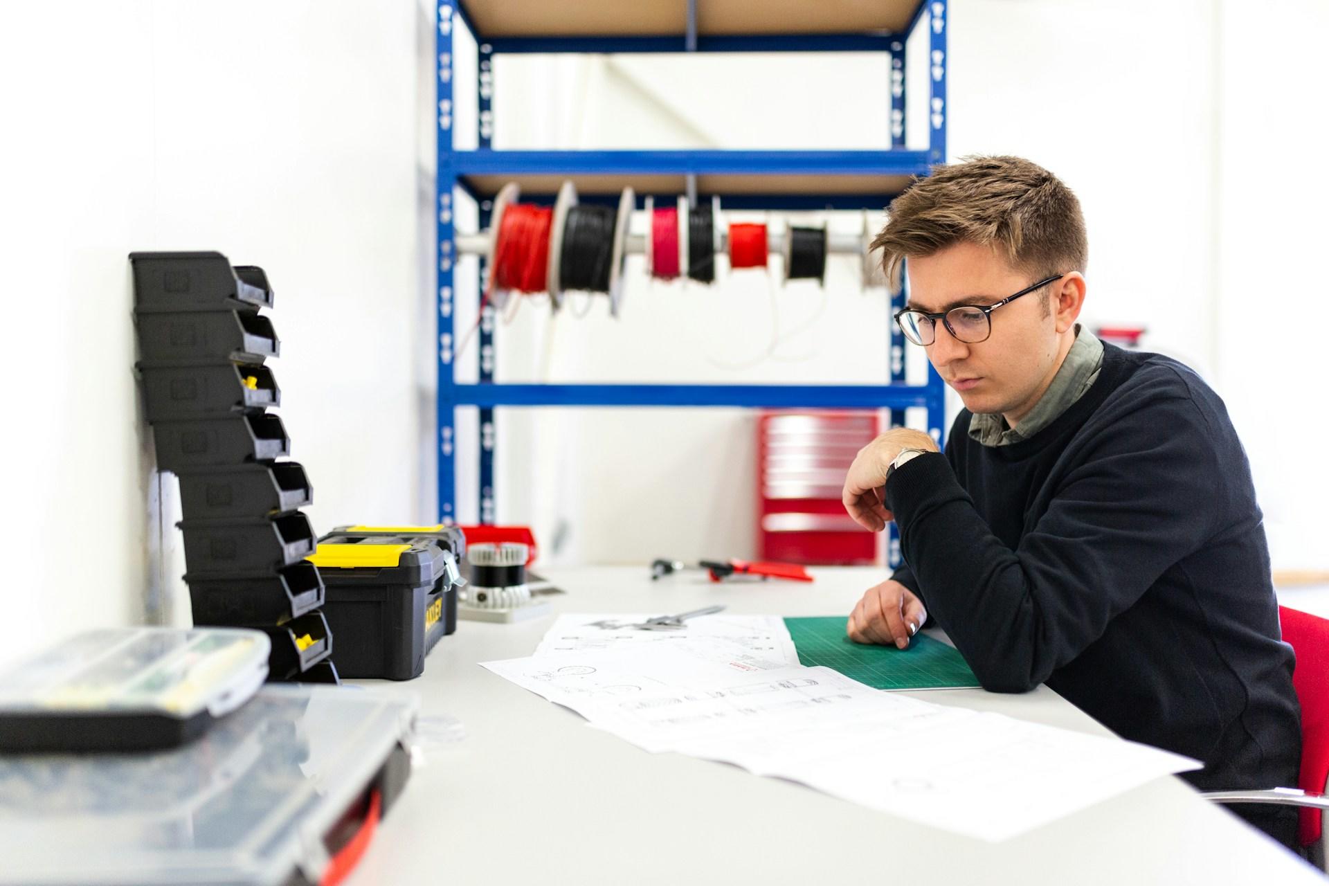 A male engineer designing something on his table.