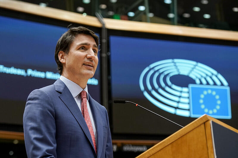 The Prime Minister of Canada, Justin Trudeau giving a speech.