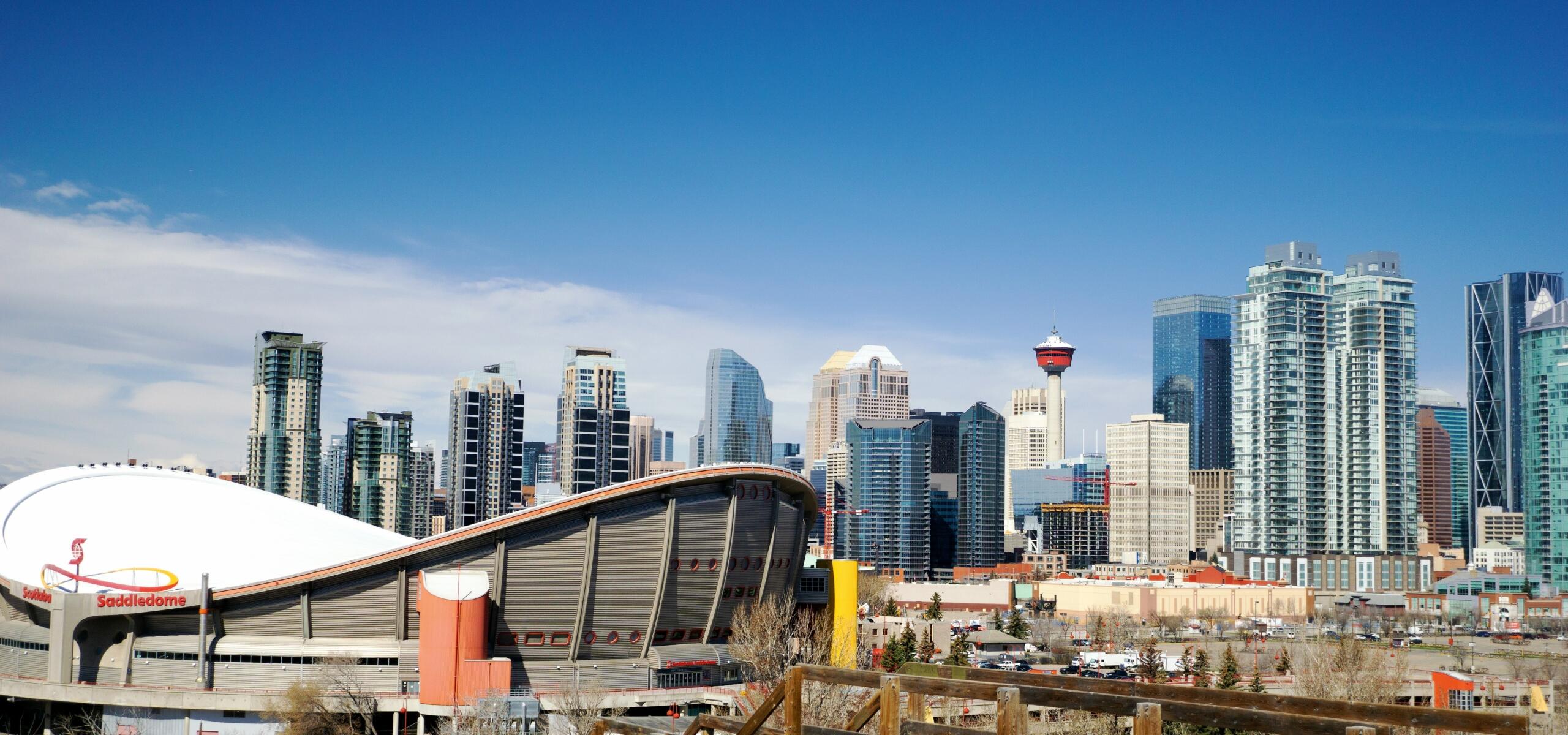 A city skyline. The sky is blue. A stadium is at the front.