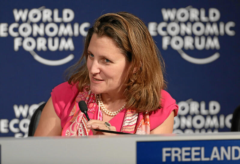 a picture of chrystia frereland speaking during the world economic forum