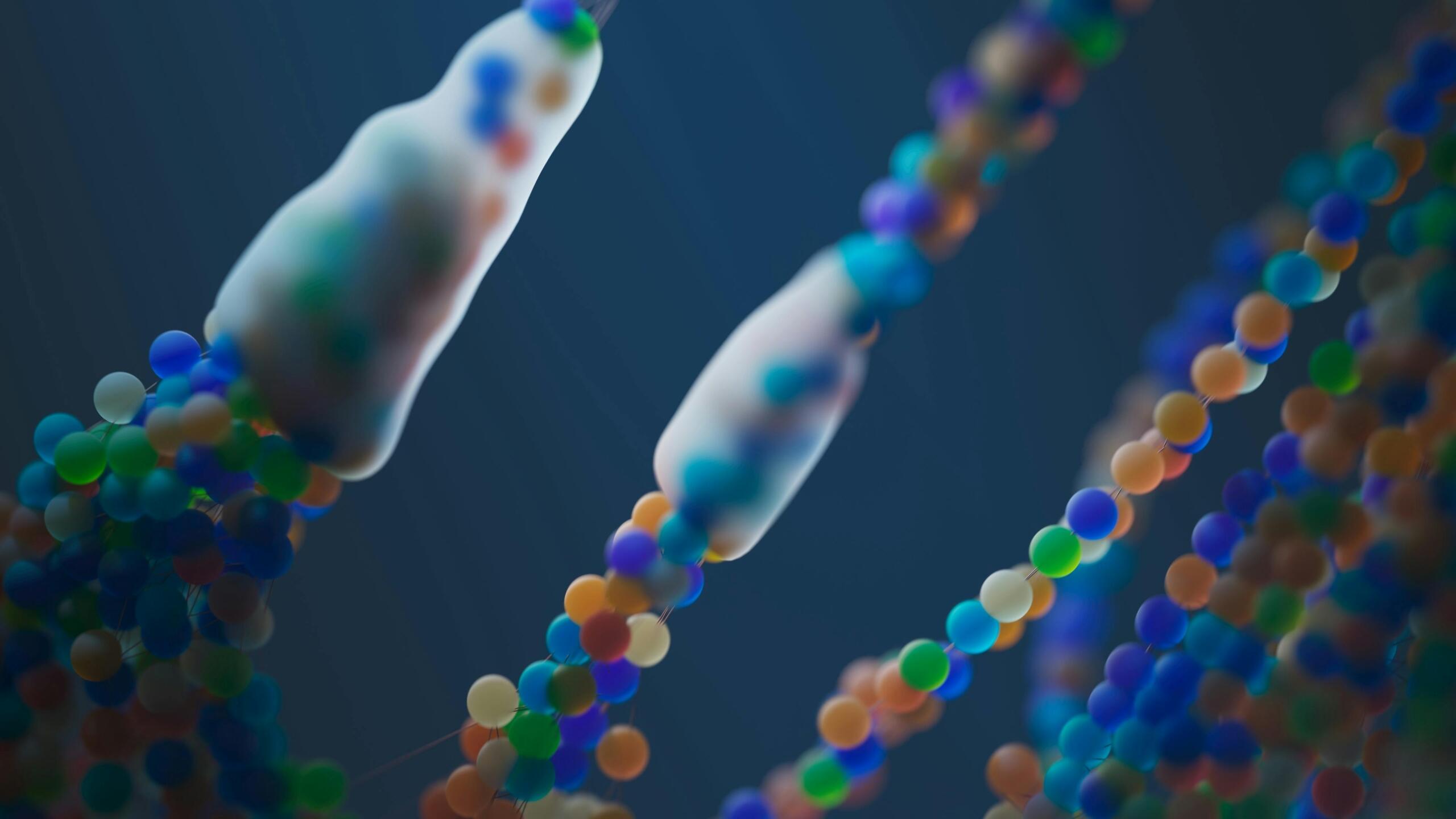 A close-up digital rendering of DNA strands with colorful spherical representations, illustrating molecular biology concepts.