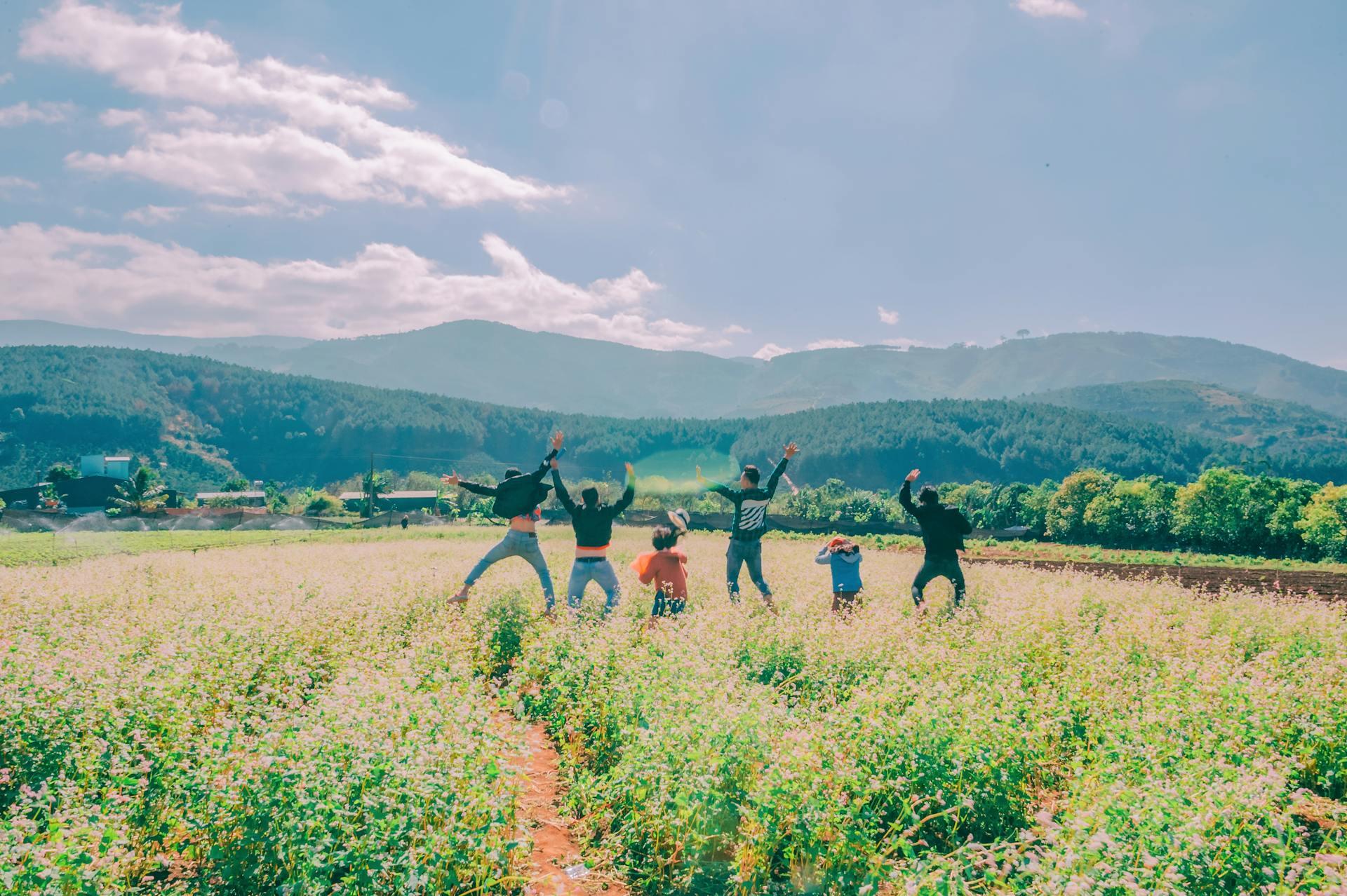 A group of six people joyously jumping in a flower field, with mountains and a blue sky in the background.