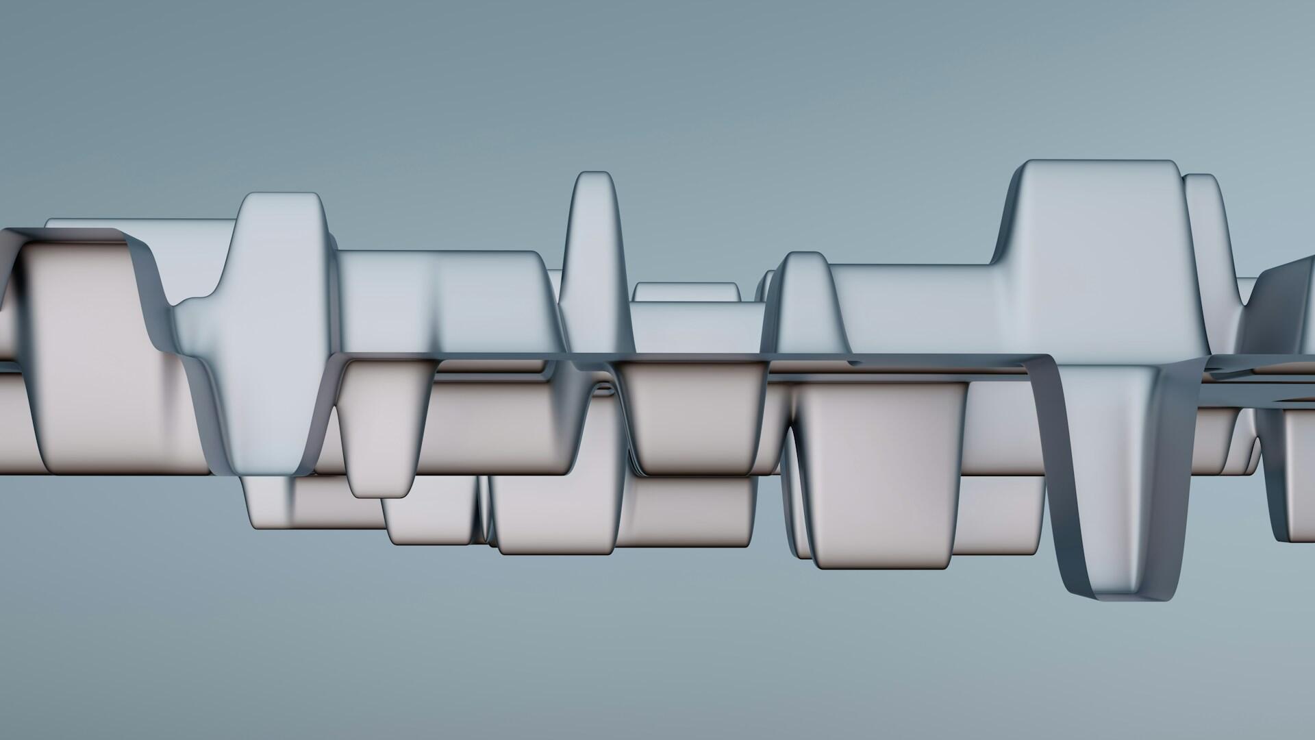 Abstract 3D rendering of a wavy, interconnected structure with smooth contours and subtle shading against a soft gradient background.