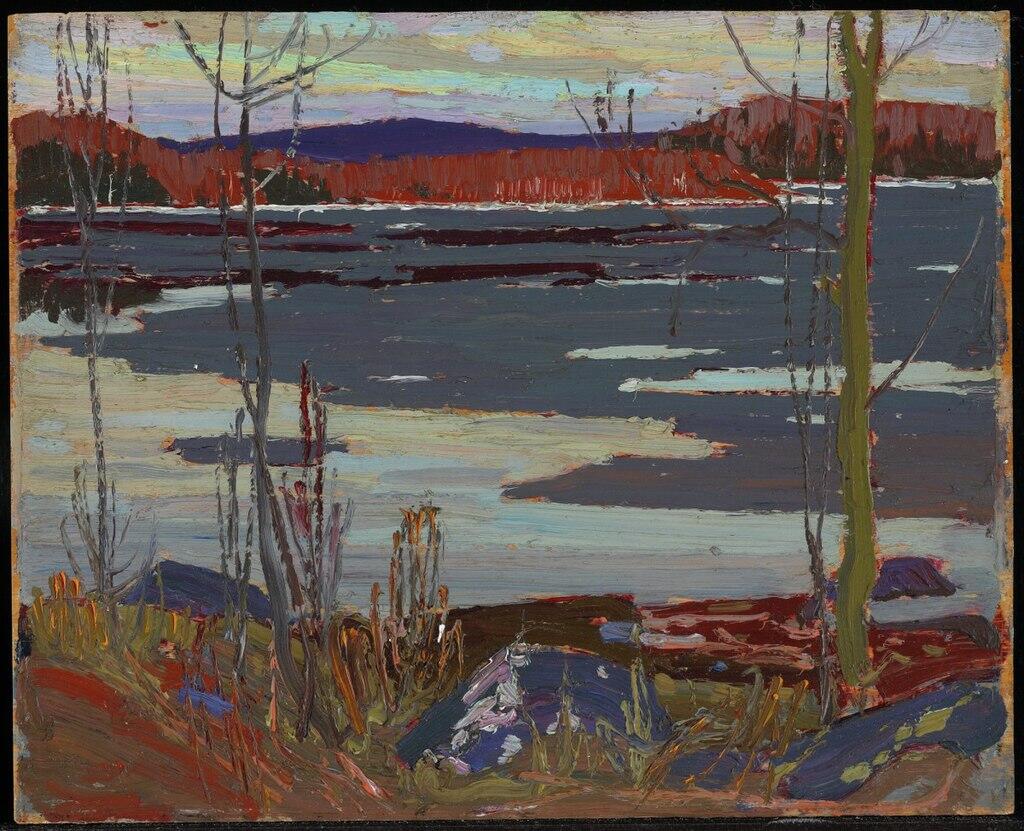 a painting of a river with trees on its shores.
