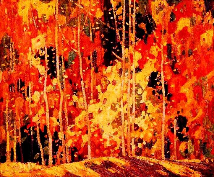 trees painted on orange and yellow.