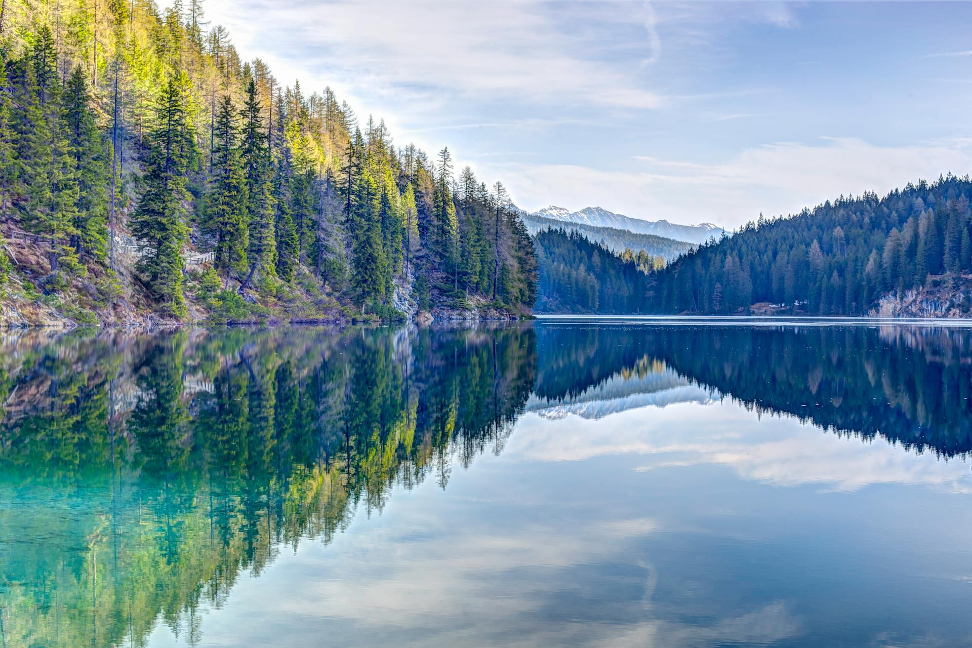 A serene lake reflects lush green forests and distant mountains under a clear blue sky, creating a tranquil natural landscape.
