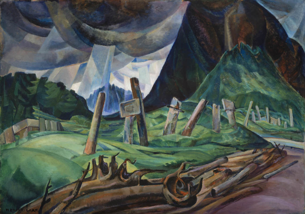a painting of cloudy skies and mountains. Fallen logs are everywhere.