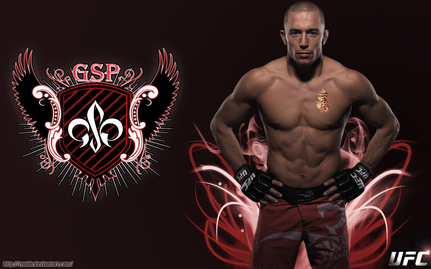 digitally edited promotional image of Georges St-Pierre (GSP) standing shirtless in red UFC shorts, with a stylized emblem featuring wings and a fleur-de-lis design in the background.