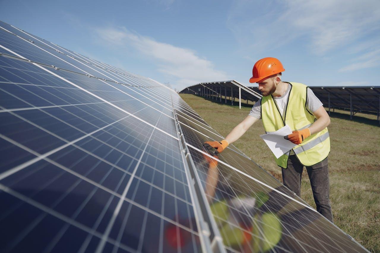 a technician inspecting a solar panel 