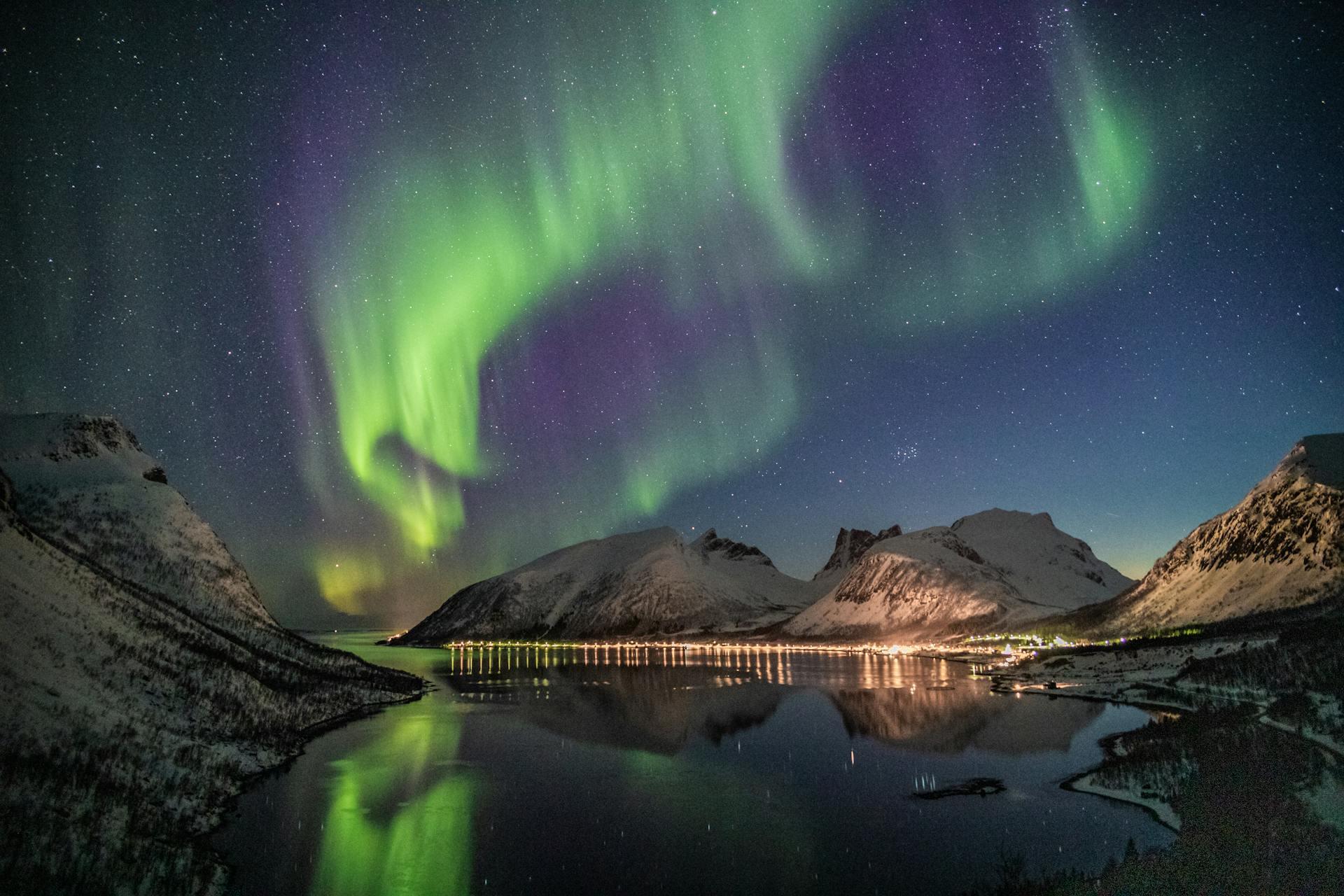 The vibrant aurora borealis dances above snow-capped mountains, reflecting in a calm bay under a starry night sky.