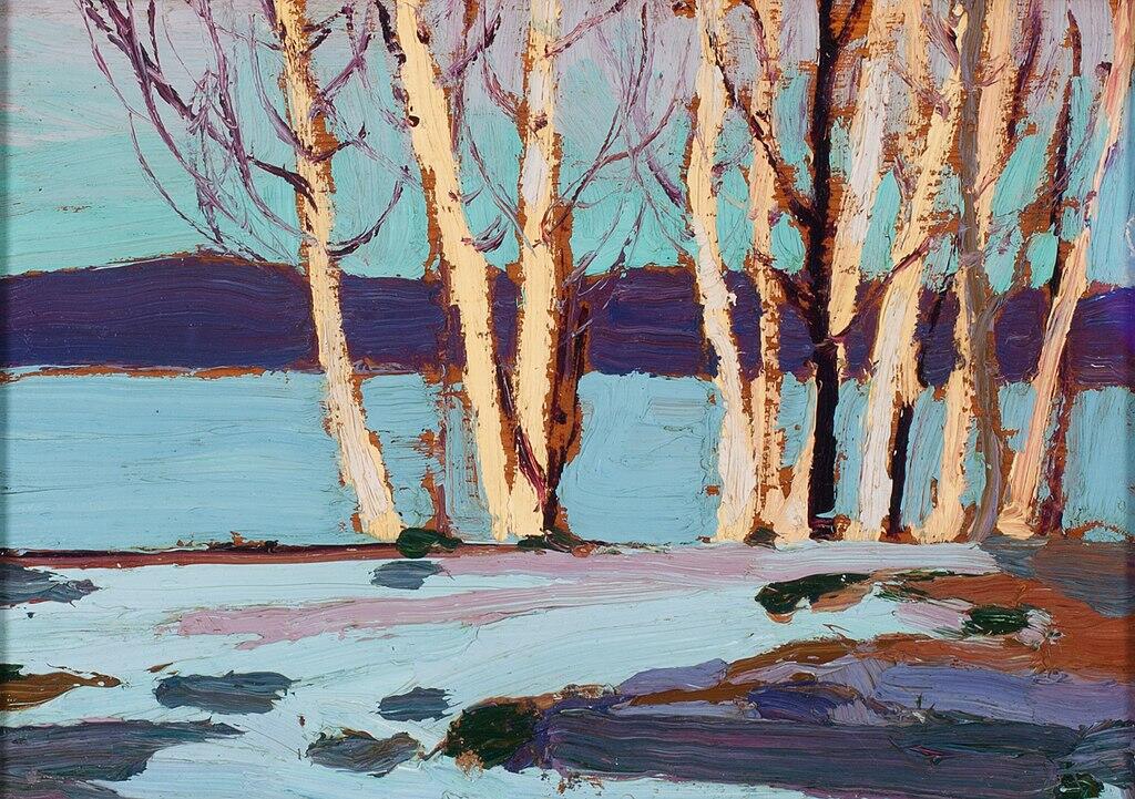 a painting of white pines.